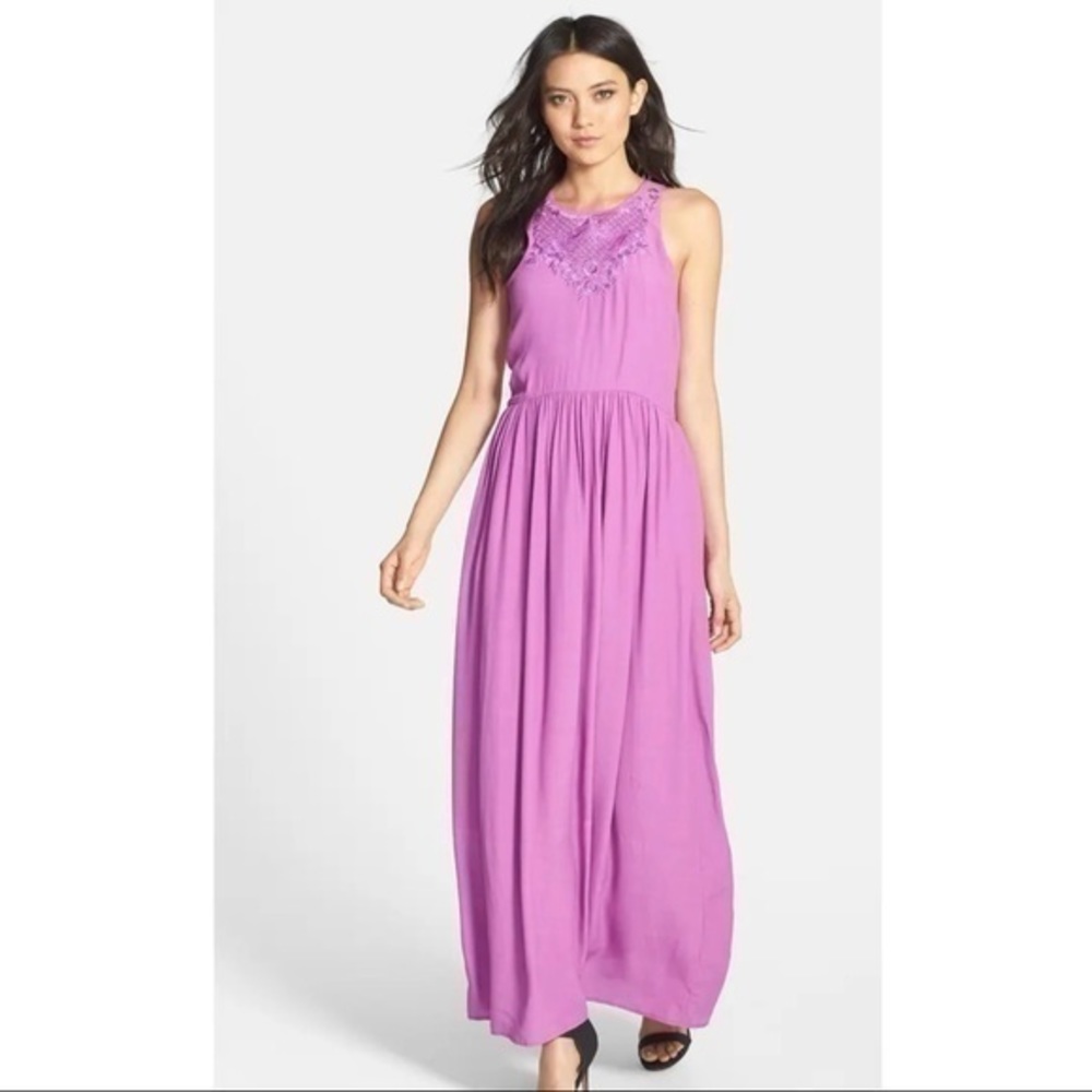 Line & Dot Embroidered Neck Maxi Dress